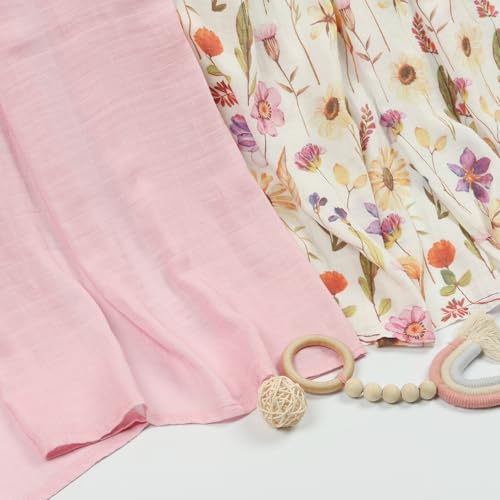 Image of Muslin Swaddle Blankets for Baby Girl, 2-Pack 70% Viscose from Bamboo and 30% Cotton Large Swaddle Blankets (47 inch x 47 inch), Solid Pink Color /Flower Print