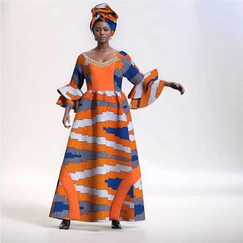 Image of iooiooi Womens African Print Party Maxi Dress Tradition Dashiki Ankara Long Dress & Headwrap
