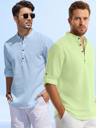 Image of Men's Cotton Blend Straight Kurta Shirt Combo with Mandarin Collar - Slim Fit Casual Short Kurti Set Featuring Textured Slub Fabric and Roll-Up Full Sleeves