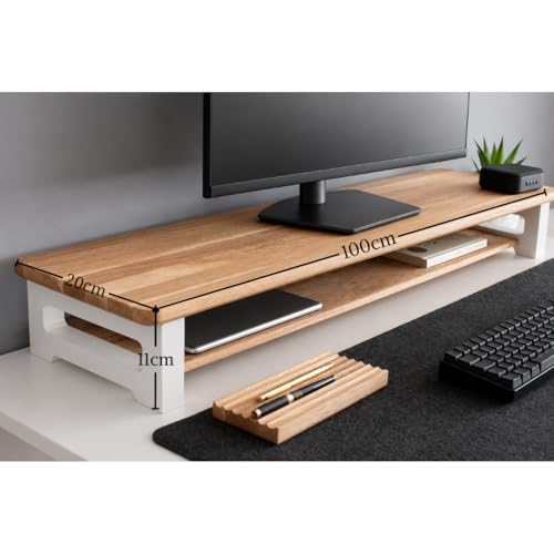 Image of 100cm Long Wooden Computer Monitor Stand, Monitor Riser Desk Shelf Desktop Stand TV Laptop Riser (100x20x10cm)(100cm Long, Dual Shelf)