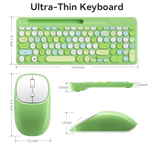 Image of Retro Wireless Keyboard and Mouse Combo, Full-Size USB Keyboard with Round Keycaps, 2.4GHz Wireless for Desktop, Laptop and Computer (Green-Colorful)