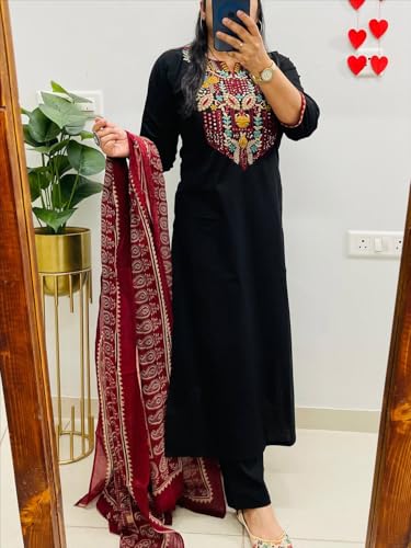 Image of ANNI Designer Women's Rayon Viscose Embroidered Straight fit Kurta with Pant and Printed Dupatta Set | Elegant Ethnic Kurta Pant Dupatta Set for Women | Festive Office Casual Wear