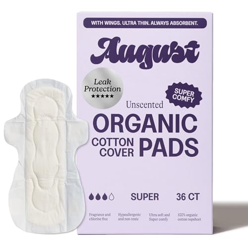 Image of August Super Cotton Menstrual Pads, 36-Pack Ultra Thin Pads with Wings, Hypoallergenic Sanitary Napkins with Organic Cotton Topsheet, Compostable Wrappers, Toxin Free, Fragrance Free