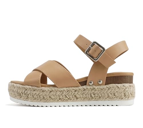 Image of Soda inchFIRELY inch ~ Women Round Toe Crisscross Band Platform Espadrille Wedge Sandal with Adjustable Ankle Strap