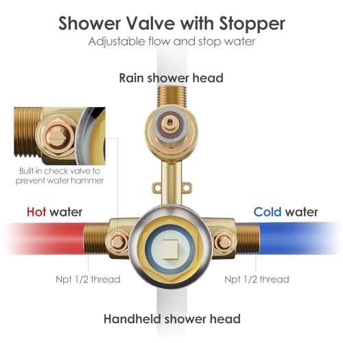Image of Gabrylly Brushed Gold Shower System with Rough-in Valve, 10 Inch Wall Mounted High Pressure Rainfall Shower Head with Handheld Combo, Luxury All Metal Bathroom Shower Faucet Fixtures Complete Set