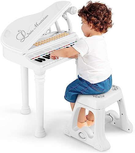 DREAMADE Clavier 31 Touches, Jouet Piano pour Enfants avec Tabouret, Instrument de Mini Piano à Queue avec Microphone, Modes Musicaux Multiples, Enseignement...