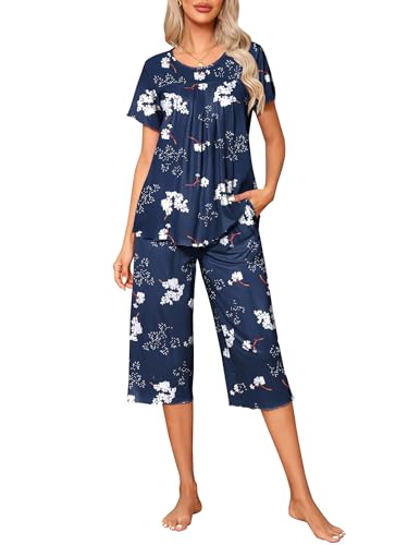 Ekouaer Pajama Set for Women 2 Piece Capri Pants Short Sleeve Top Sleepwear Soft Pjs Loungewear with Pockets S-3XL
