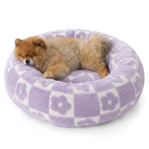 Image of LE SURE Shown on TV Donut Dog Beds for Small Dogs - Calming Cat Sofa as Bed Gift for Indoor Cats with Washable Cover, Round Home Decor Cute Pet Beds with Jacquard Shaggy Plush, 23 Inch, Flower Checks