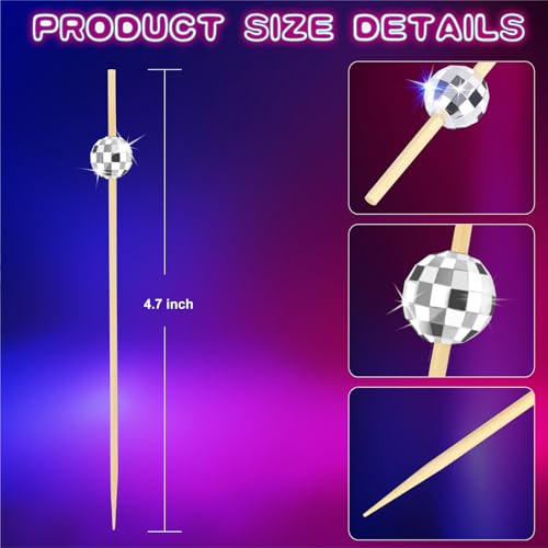 SEANSDA Cocktail Picks, Disco Ball Decorative Toothpicks for Appetizers, Fancy Bamboo Skewers for Appetizers Drinks Food Disco Party Decorations, 4.7 Inch Long Silver Wooden Cocktail Sticks 100PCS
