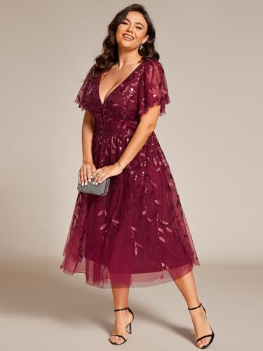 Image of Ever-Pretty Womens Embroidered Tulle Plus Size Cocktail Evening Party Dress A-Line Midi Wedding Guest Dresses for Curvy Women