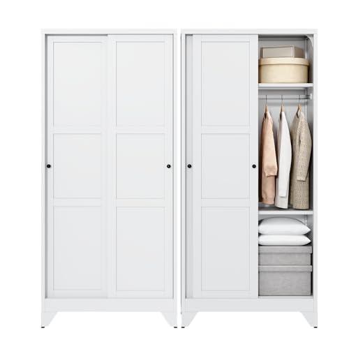 Letaya Metal Sliding Door Wardrobe Cabinets,68' Tall Armoire Wardrobe Closet with Sliding Doors and Shelves,Narrow Slim Coat Closet Cabinet with Hanging Rod,Space Saving for Home (White)