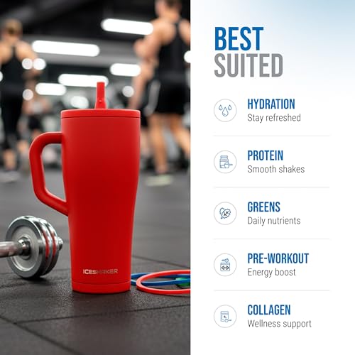 Image of Ice Shaker 32 oz Tumbler with Handle and Straw | 32oz Red | Cold for 30+ Hours | 2-in-1 Tumbler Shaker Bottle | Odor-Free 32 ounce Bottle for Water, Protein Shakes, Smoothies, Cocktails
