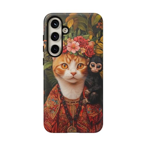 Coque Samsung S24 Plus chat roux rigide antichoc motif animaux sauvages et fleurs