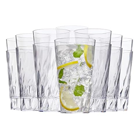 US Acrylic Palmetto [Set of 16] 20 ounce Plastic Stackable Water Tumblers in Clear, Lightweight Value Set of Drinking Cups, Reusable, BPA-free, Made in the USA, Top-rack Dishwasher Safe Cover