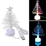 USB Mini Christmas Tree with LED Lights - 5 Inch Fiber Optic Tree for Desk - 3 Colors - Xmas Holiday Decoration