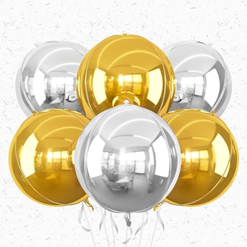 Image of 6Pcs 22 inch Silver Gold Metallic Ball Balloons 4D Large Foil Balloons for 70s Disco Party Birthday Decorations