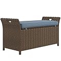 Outsunny 27 Gallon Patio Wicker Storage Bench, Outdoor PE Rattan Patio Furniture, 2-in-1 Large Capacity Rectangle Garden Storage Box with Handles and Cushion, Dark Blue