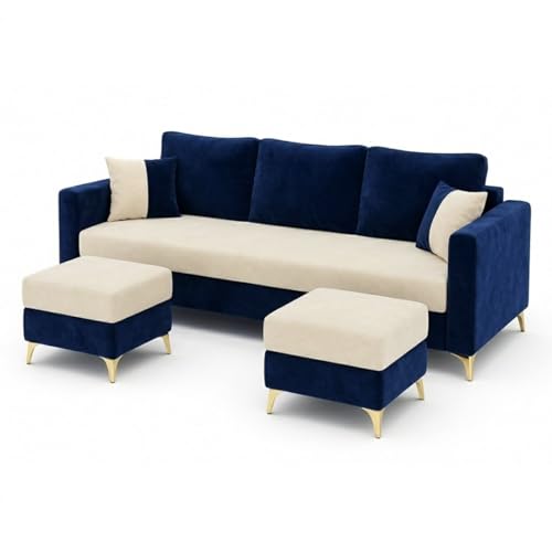 Image of Classiq Rich 5 Seater L Shape Sofa Set with 2 Movable Ottomans | Flexible Layout | Rich Velvet Suede Fabric | Silver Legs | Dual Tone Modern Sofa for Living Room (Dark Blue-Cream)