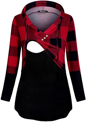 Qnursma Women’s Long Sleeve Plaid Colorblock Nursing Pullover Hoodie Sweatshirts