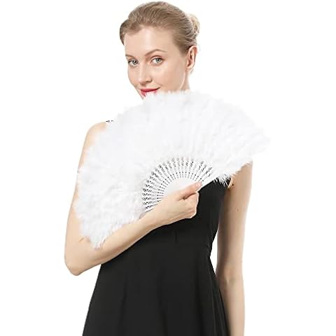 Marabou Fan Hand Held Folding Feather Accessories Women Adult Costume Decoration Halloween Tea Party-White-Z Cover
