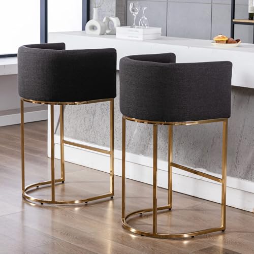 Image of HNY Modern Barrel Counter Height Clearance Bar Stools Set of 2, 32 Inch Linen Kitchen Barstools with Back for Island, with Gold Metal Tubular Frame, Charcoal