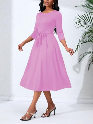 Image of PerZeal Women's Caual Midi Dress 3 /4 Sleeve Crewneck A-line Swing Dress for Women with Belt for Wedding Guest & Cocktail Party Pink Small