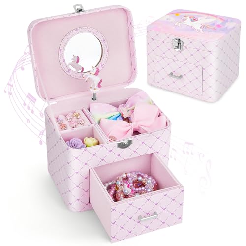 Basumee Musical Jewelry Box for Girls PU Leather Music Box with Drawer Large Kids Jewelry Organizer with Unicorn/Ballerina Jewelry Storage for Little Girls Ages 3–10, Birthday & Holiday Present