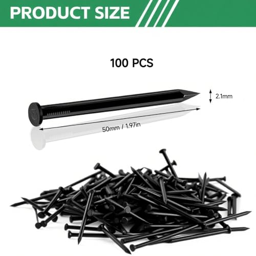 Jyvex 100 sztuk gwoździ stalowych, 50 mm gwoździe do betonu, czarne, gwoździe stalowe do betonu, gwoździe do ścian betonowych, gwoździe drewniane do obrazów, gwoździe do papy dachowej, ocynkowane