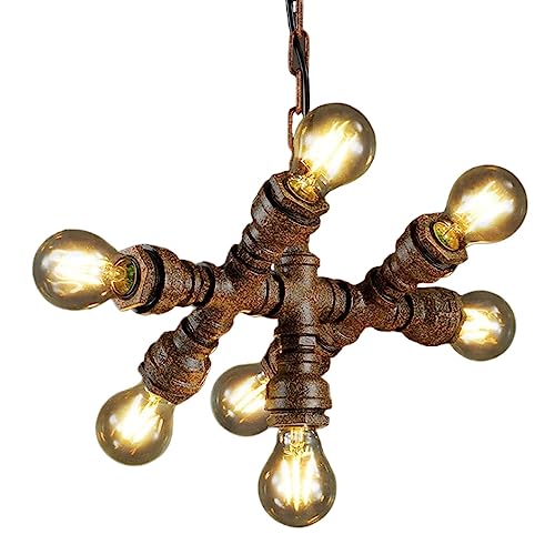 Chandelier tuyau d'eau vintage style steampunk en fer forgé artisanal pour plafond