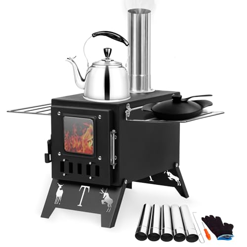 qorkhogr Wood Stove,Folding Portable Camping Wood Hot Tent Stove with 5 Chimneys Pipes for Outdoor Camping Cooking Heating BBQ Hiking Fishing Hunting Black