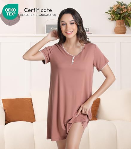 Image of NACHILA Women's Nightgowns-Viscose Made from Bamboo, Soft Sleepwear V Neck Sleepshirt Short Sleeve Loungewear Cool Sleepdress