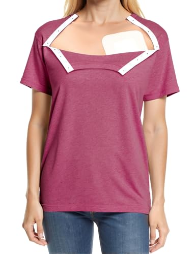 Chemo Port Shirts for Women Post Shoulder Surgery Recovery Shirts Snap Off Chemotherapy Short Sleeve Clothing (US Alpha X-Large Regular Regular Red)