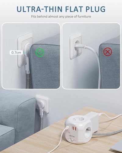 LENCENT Listwa zasilająca z 4 gniazdami wtykowymi typu C PD20W z wieloma gniazdami wtykowymi 7 w 1, z 2 USB3.0 i 1PD20 W, listwa zasilająca z plecionym kablem 2M do gniazdka ściennego