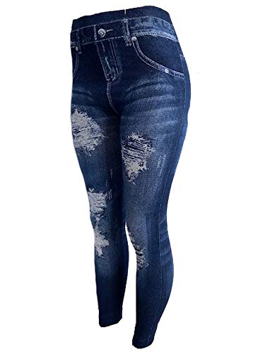 CLOYA Women's Denim Print Seamless Full Leggings for All Seasons - One Size Fits Large & X-Large (Blue Rustic)