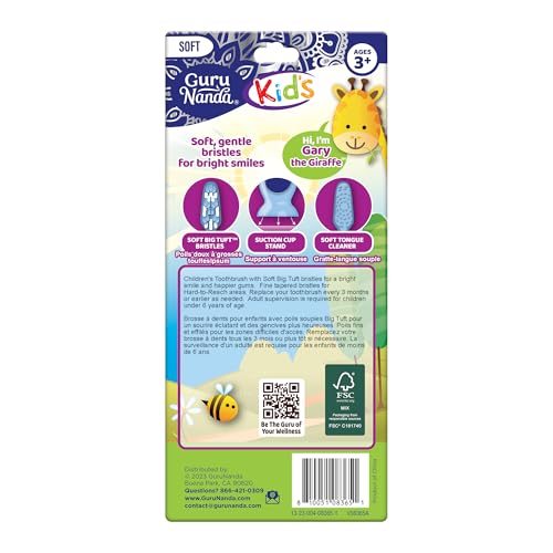 Image of GuruNanda Kids Toothbrush with Suction Cup & Fun Animal Designs - Soft Bristles for Healthy Gums- Non-Slippery & Mess-Free Toothbrush, 3+ Age- 4 Count (Pack of 6)