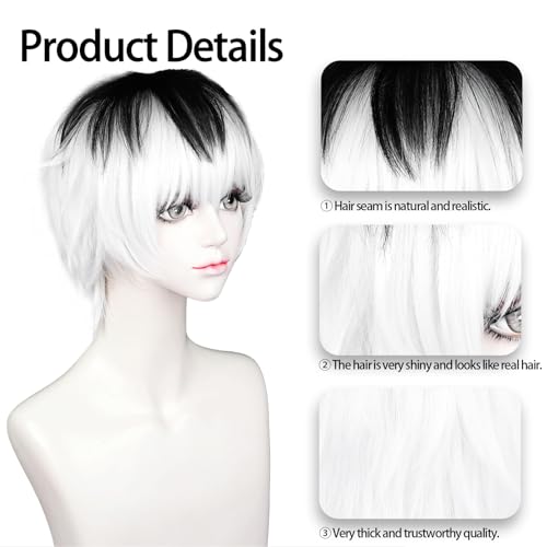 Image of LABEAUTE Unisex Short White & Black Cosplay Wig Male Man Woman Anime Fluffy Cosplay Hair Wigs for Halloween Party + Free Cap
