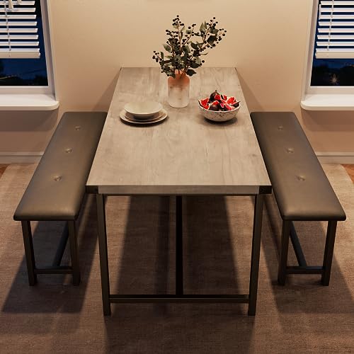 GarveeHome Dining Table Set for 4, Kitchen Table with 2 Upholstered Benches, Wood Kitchen Dining Room Set, for Small Space, Apartment, Home, Dinner, Retro Gray by GarveeHome - Used condition - Image 3