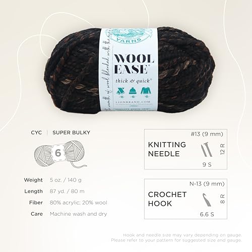 Image of Lion Brand Yarn, Wool-Ease Thick & Quick Yarn, Toasted Almond Black, 3 Pack | Super Bulky Wool Acrylic Blend Fiber for Soft Hats, Sweaters, Chunky Blankets, Yarn for Crochet, Knitting, Crafts, Weaving