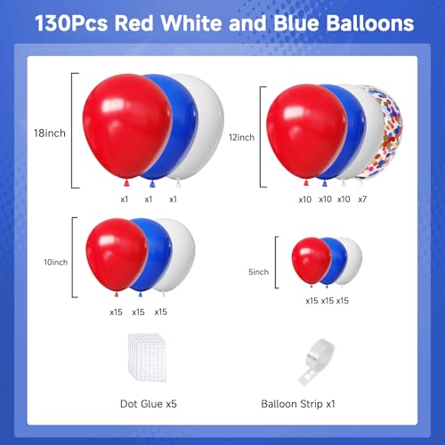 Image of Red White and Blue Balloons Arch Kit,130pcs Different Sizes Patriotic Latex Balloons with Confetti,Red White and Blue Decorations for 4th of July,Independence Day,Graduation,Birthday
