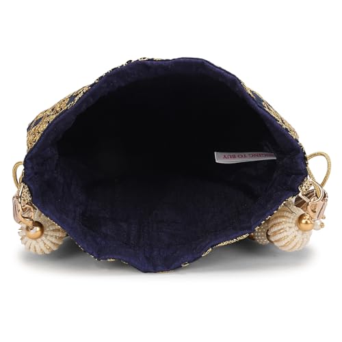 Image of LONGING TO BUY Indian Embroidered Pearl Potli Bag For Women, Sequence Design with Tassel, Wedding Potli Bags