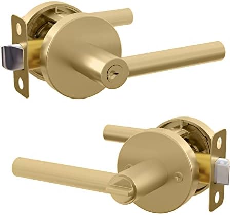 Mega Handles Entrance Handle I Entry Lever Door Handle - Heavy Duty Square Locking Lever Set for Left or Right-Handed Doors - Interior/Exterior Door Levers - Satin Brass