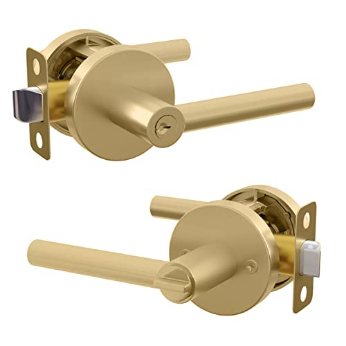 Mega Handles Entrance Handle I Entry Lever Door Handle - Heavy Duty Square Locking Lever Set For Left Or Right-Handed Doors - Interior/Exterior Door Levers - Satin Brass #TOP4
