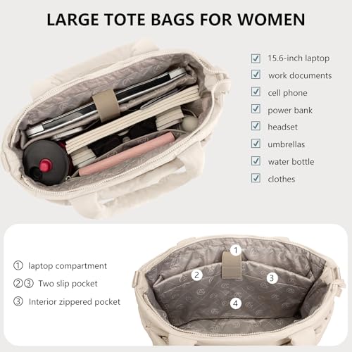 Image of Puffer Tote Bag for Women Quilted Nurse Bag Lightweight Work Bag for Teacher Travel Handbag with Multiple Pockets