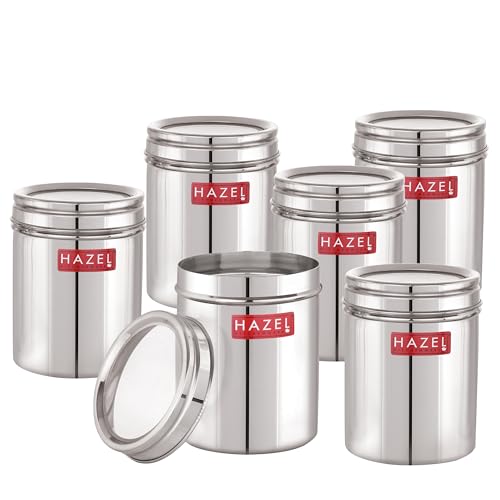Image of HAZEL Stainless Steel Kitchen Container with Transparent Lid | Top See Through Kitchen Container Set with Matt Finish | Multipurpose Container for Kitchen Storage, 1100 ML, Set of 6