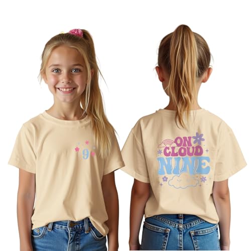 Image of 9th Birthday Shirt Girl On Cloud Nine Graphic Tee 9 Year Old Birthday Party T-Shirt Girl Summer Short Sleeve Top