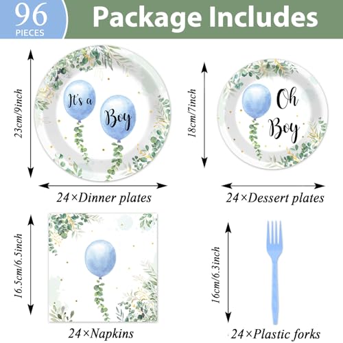 Image of 96 Pcs Oh Boy Watercolor Blue Balloon Party Supplies Greenery Boy Baby Shower Tableware Set Eucalyptus Party Favor Birthday Baby Shower Plates and Napkins Table Decorations for 24 Guests