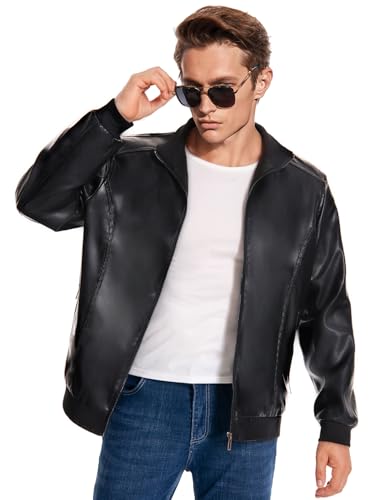 Mens Faux Leather Jacket Full-Zip Stand Collar Outerwear Lightweight Motorcycle Jacket2