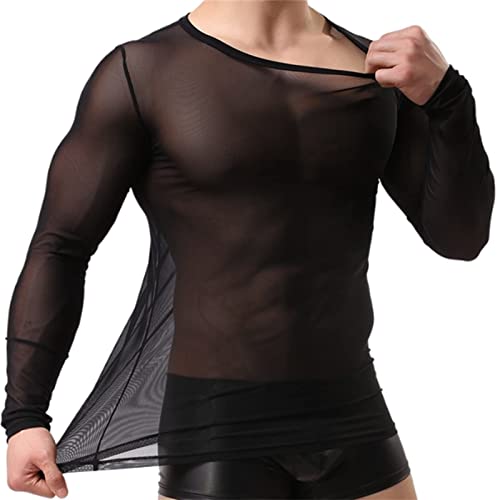 Men's Sexy Tank Top Underwear Mesh Breathable Sexy Shirts Comfort Long Sleeve Sleepwear See Through Blouse Womens Sexy Black2
