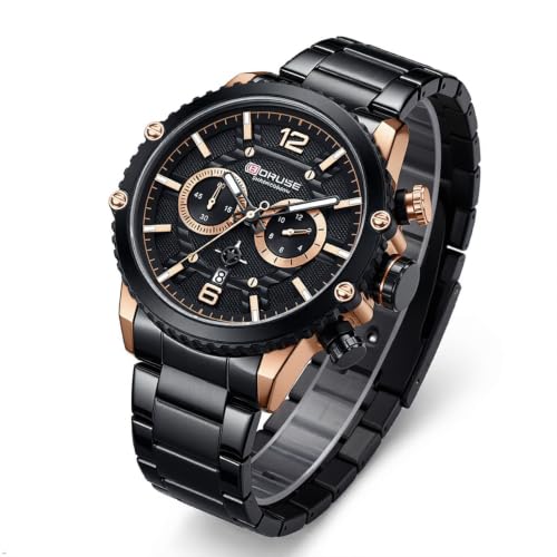 Montre chronographe de luxe pour homme boîtier acier noir et or rose cadran lumineux