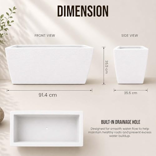 Image of Go Hooked Rectangular Leios Planter Pot 36x14 Inch | Marble Ribbed Design Plastic Flower Pot for Indoor Outdoor Garden Balcony Terrace Living Room | Decorative Long Plant Container with Drainage Hole